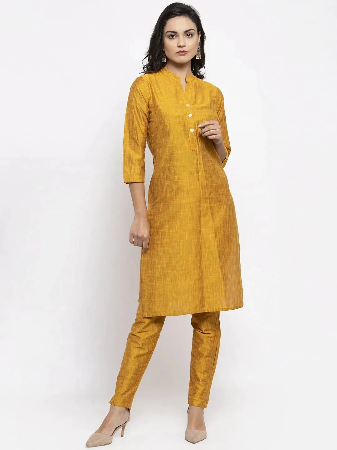 Women Yellow Self-Striped Kurta With Trousers & Art Silk Printed Dupatta