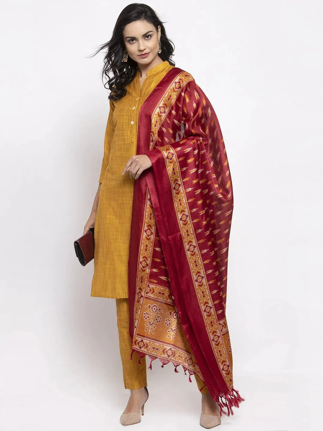 Women Yellow Self-Striped Kurta With Trousers & Art Silk Printed Dupatta