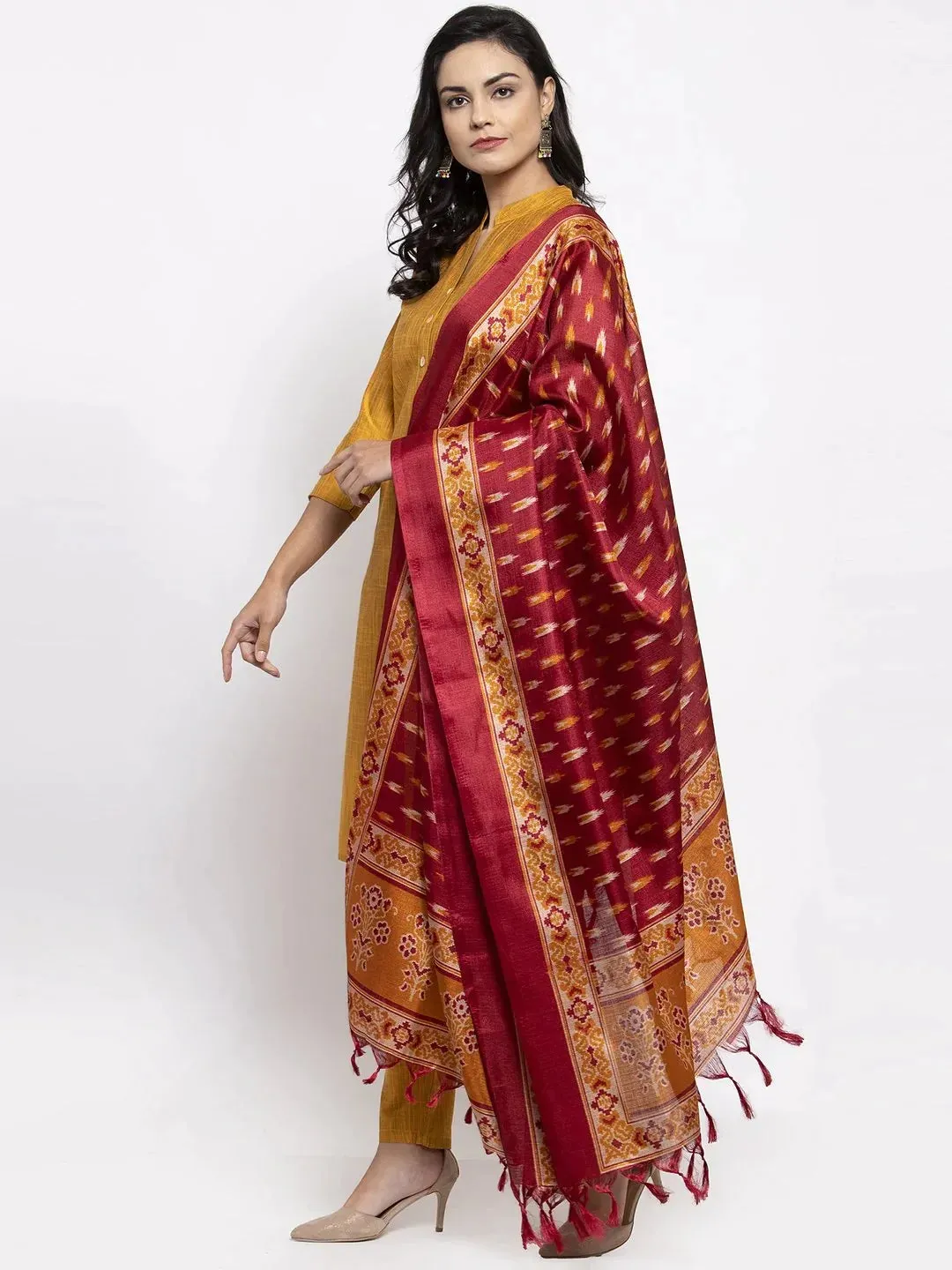 Women Yellow Self-Striped Kurta With Trousers & Art Silk Printed Dupatta