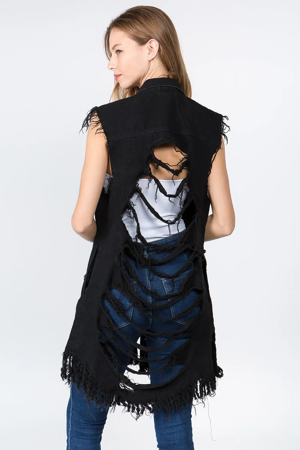 Women's Destroyed Long Denim Robe Vest