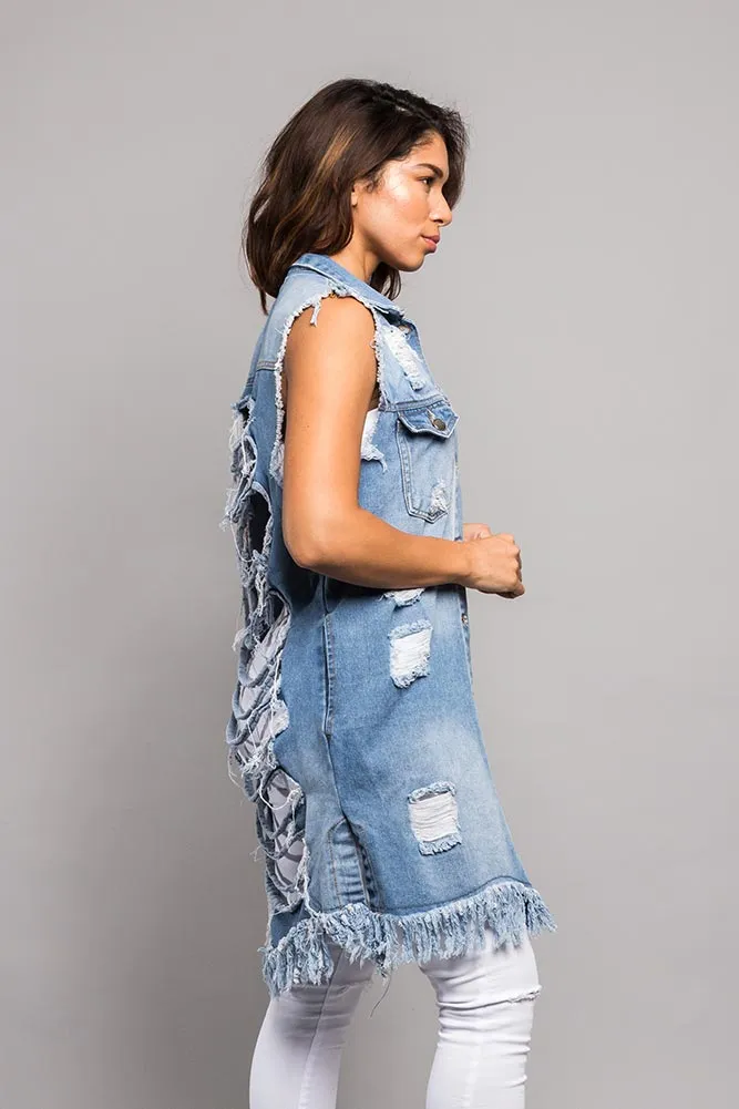 Women's Destroyed Long Denim Robe Vest