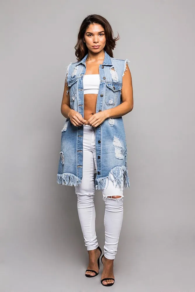 Women's Destroyed Long Denim Robe Vest