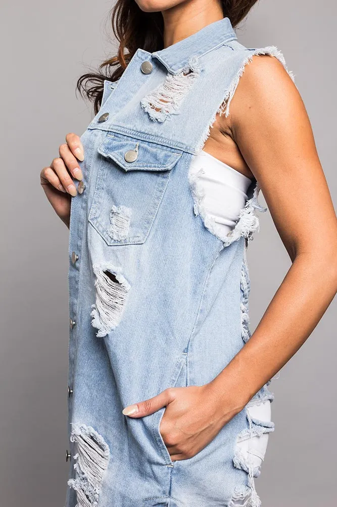 Women's Destroyed Long Denim Robe Vest