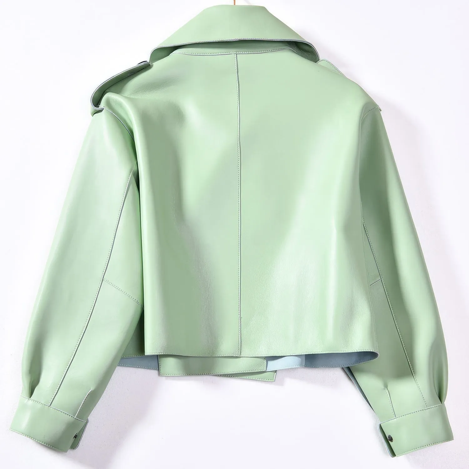 Women's Pastel Green Sheepskin Biker Jacket – High Street Fashion for Autumn & Spring