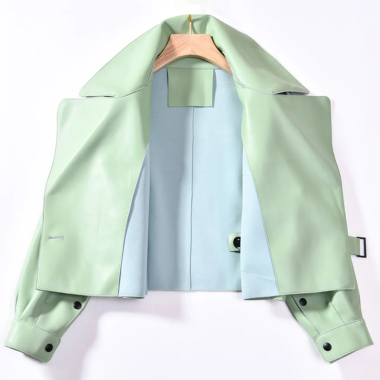 Women's Pastel Green Sheepskin Biker Jacket – High Street Fashion for Autumn & Spring